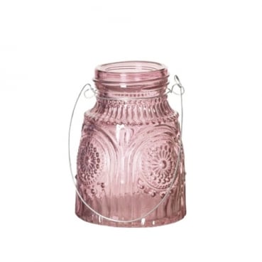 Glas Väschen mit Verzierung & Henkel, in Rosa, 82 mm