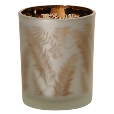 Großes Teelichtglas Blätter in Weiß/Bronze verspiegelt, 12,5 cm