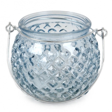 Glas Windlicht rund, Rautenstruktur mit Henkel, in Hellblau, 80 mm