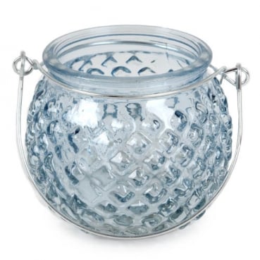 Glas Windlicht rund, Rautenstruktur mit Henkel, in Hellblau, 80 mm