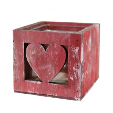 Holzbox Shabby mit Teelichtglas, Herzen in Rot, 95 mm