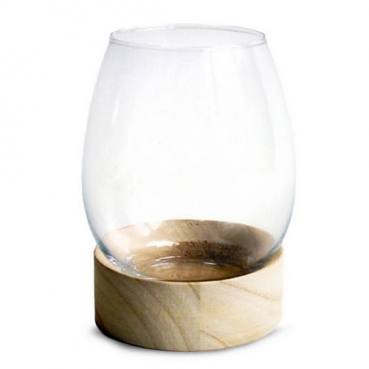 Windlichtglas, Vase auf Holzsockel, 18 cm