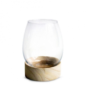 Kleines Windlichtglas, Vase auf Holzsockel, 15 cm