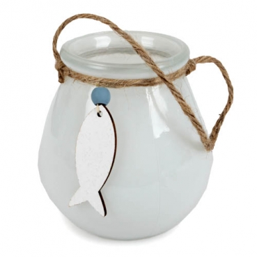 Glas Windlicht Maritim mit Holz Fischanhänger, in Weiß, 11 cm