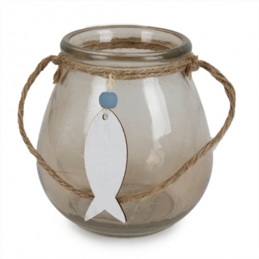 Glas Windlicht Maritim mit Holz Fischanhänger, in Taupe, 11 cm