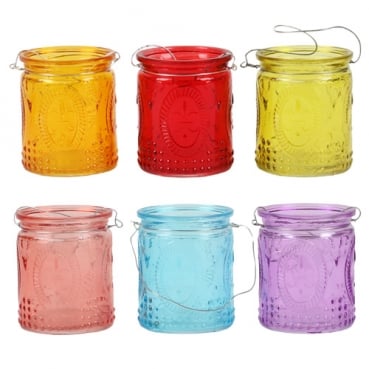 6 Teelichtgläser Sommerfarben Mix, Lilie mit Henkel, 70 mm