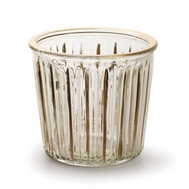 Glas Windlicht, Vase mit Streifen & Rand in Antik-Gold, 10 cm