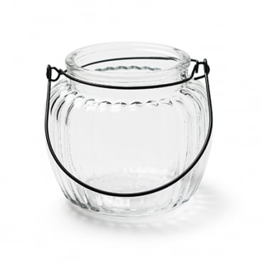 Glas Windlicht mit Streifen, Henkel in Schwarz, 10,5 cm