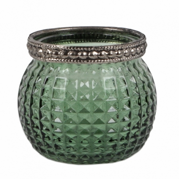 Teelichtglas, Windlicht Vintage mit Metallrand in Dunkelgrün, 65 mm