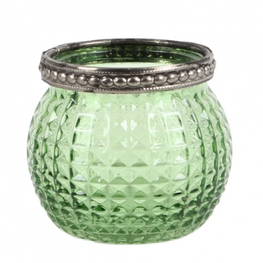 Teelichtglas, Windlicht Vintage mit Metallrand in Hellgrün, 65 mm