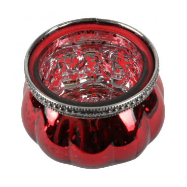 Glas Windlicht, Vintage in Rot verspiegelt mit Metallrand in Antik-Silber, 85 mm.