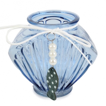 Glas Windlicht, Vase Muschel mit Perlen, Holz Fischanhänger, in Blau, 11 cm