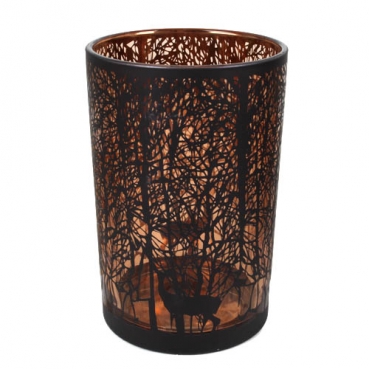 Großes Glas Windlicht Wald in Schwarz/Kupfer, 17,5 cm