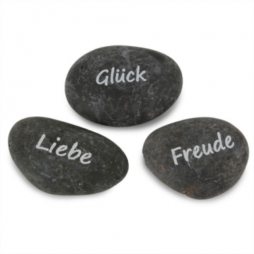 3 Gastgeschenk Glückssteine, Liebe, Freude, Glück in Dunkelgrau/Weiß, 50 - 75 mm 3 Glückssteine, Liebe, Freude, Glück in Dunkelgrau/Weiß, 50 - 75 mm.