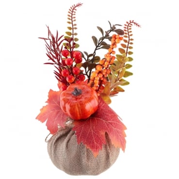 Deko Herbst Bouquet mit Kürbis im Jutesäckchen, 27 cm