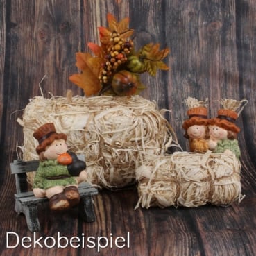 Kleiner Deko Strohballen, 90 mm Herbstliches Dekobeispiel mit Deko Strohballen und kleinen Keramik Vogelscheuchen.