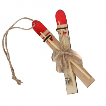 Holz Christbaumschmuck, Geschenkanhänger, Ski in Hellbraun/Rot, 12,5 cm