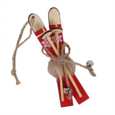 Holz Christbaumschmuck, Geschenkanhänger, Ski in Rot/Hellbraun, 12,5 cm
