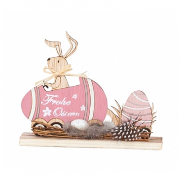 Holz Osterdeko Aufsteller Hase im Osterei, -Frohe Ostern- in Rosa, 16 cm