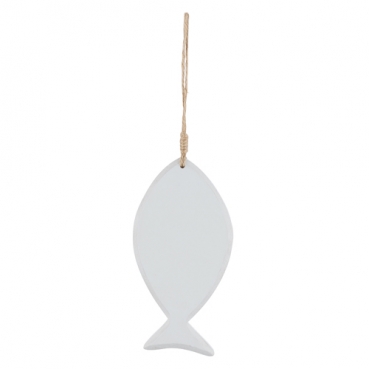 Holz Fisch, bauchig, mit Schnur, in Weiß, 14,5 cm.