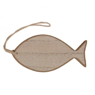 Holz Fisch, bauchig, mit Schnur, in Naturbraun, 14,5 cm