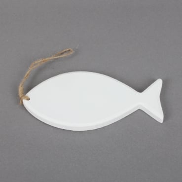 Holz Fisch, bauchig, mit Schnur, in Weiß, 14,5 cm