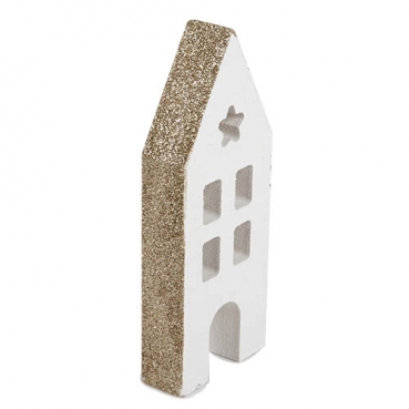 Kleine Holz Haus Silhouette mit Glitzerkante in Weiß/Gold, 14 cm