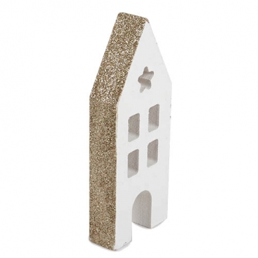Kleine Holz Haus Silhouette mit Glitzerkante in Weiß/Gold, 14 cm