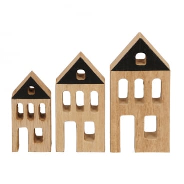 3er Set Holz Haus Silhouetten Naturbraun/Schwarz, 8 - 12 cm