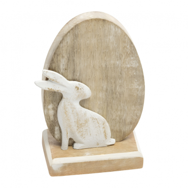 Mangoholz Osterei mit Hase, in Hellbraun/Weiß, 13,5 cm