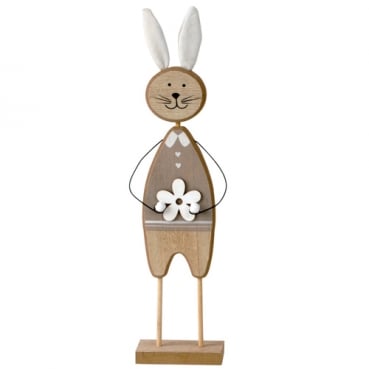 Großer Holz Osterhase mit Blume und Stoffohren, 34,5 cm