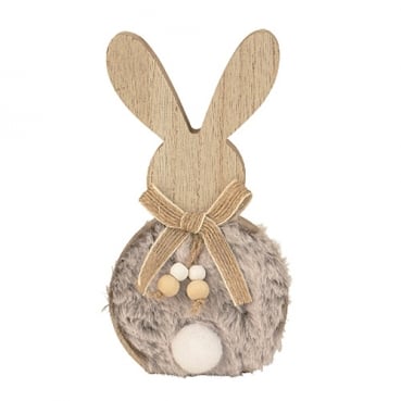 Holz Osterhase mit Puschelschwanz & Kunstfell in Grau, 15,5 cm