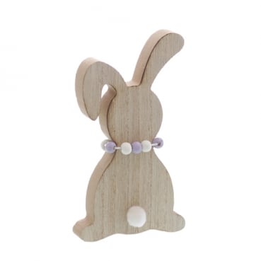 Kleiner Holz Osterhase mit Puschelschwanz & Halskette, 14,5 cm