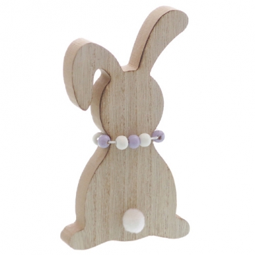 Holz Osterhase mit Puschelschwanz & Halskette, 18 cm