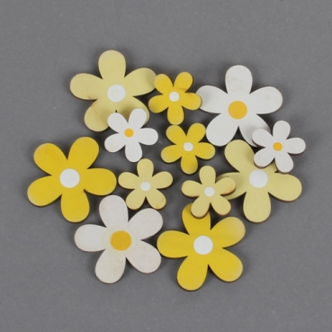12 Streudeko Holz Blumen in Gelb/Weiß, 30 - 50 mm
