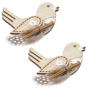 2 Holz Streudeko Vögel mit Federverzierung, 50 mm