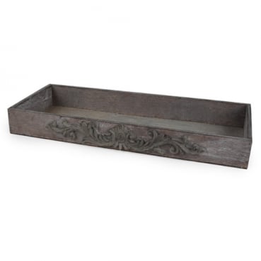 Holztablett, Gesteckunterlage, rechteckig mit Ornamentverzierung in Grau, 34 cm