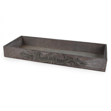 Holztablett, Gesteckunterlage, rechteckig mit Ornamentverzierung in Grau, 34 cm