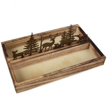 Holz Tablett zwei geteilt, Wald, Hirsch & Rehe aus Metall, 25 x 16 cm