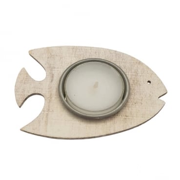 Holz Teelichthalter Fisch in Creme/Braun meliert, 10 cm