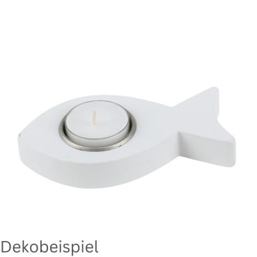 Holz Teelichthalter Fisch in Weiß, 12,5 cm, Foto mit Teelicht in Kunststoffhülle.