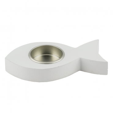 Holz Teelichthalter Fisch in Weiß, 12,5 cm