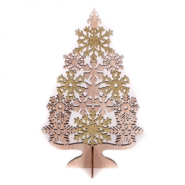 Holz Weihnachtsbaum mit Eiskristallen in Hellbraun/Gold glitzernd, 33 cm