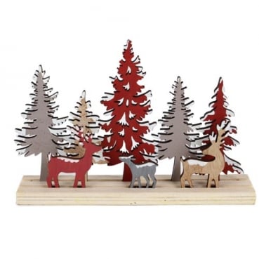 Deko Holz Winterlandschaft mit Hirsch und Reh in Rot/Grau, 20 cm