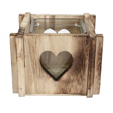 Holzbox mit Teelichtglas, Herzen, gekreuzte Ecken, 8,5 cm