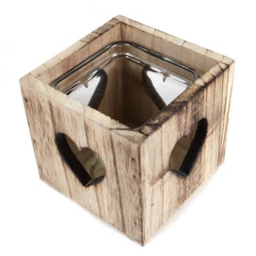 Holzbox mit Teelichtglas, Herzen, 9 cm