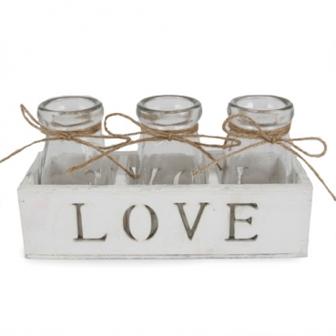 Weißes Holzgestell LOVE mit 3 Väschen, Vintage Hochzeit, 19 cm