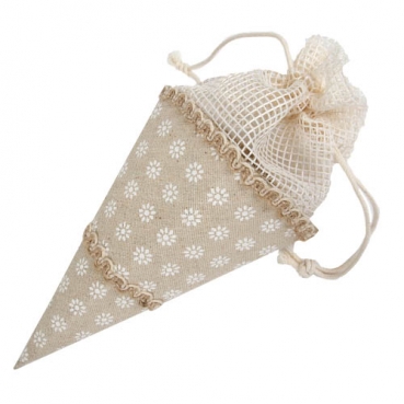 Jute Bonboniere Schultüte mit Blümchenmuster in Hellbraun/Creme, 19 cm