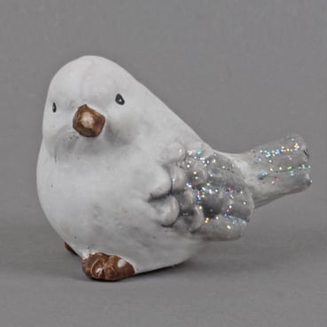 Keramik Winter Vogel in Weiß/Grau mit Glitzer, Nr. 2, 90 mm