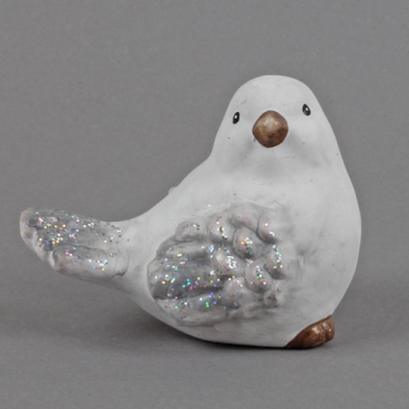 Keramik Winter Vogel in Weiß/Grau mit Glitzer, Nr. 1, 90 mm